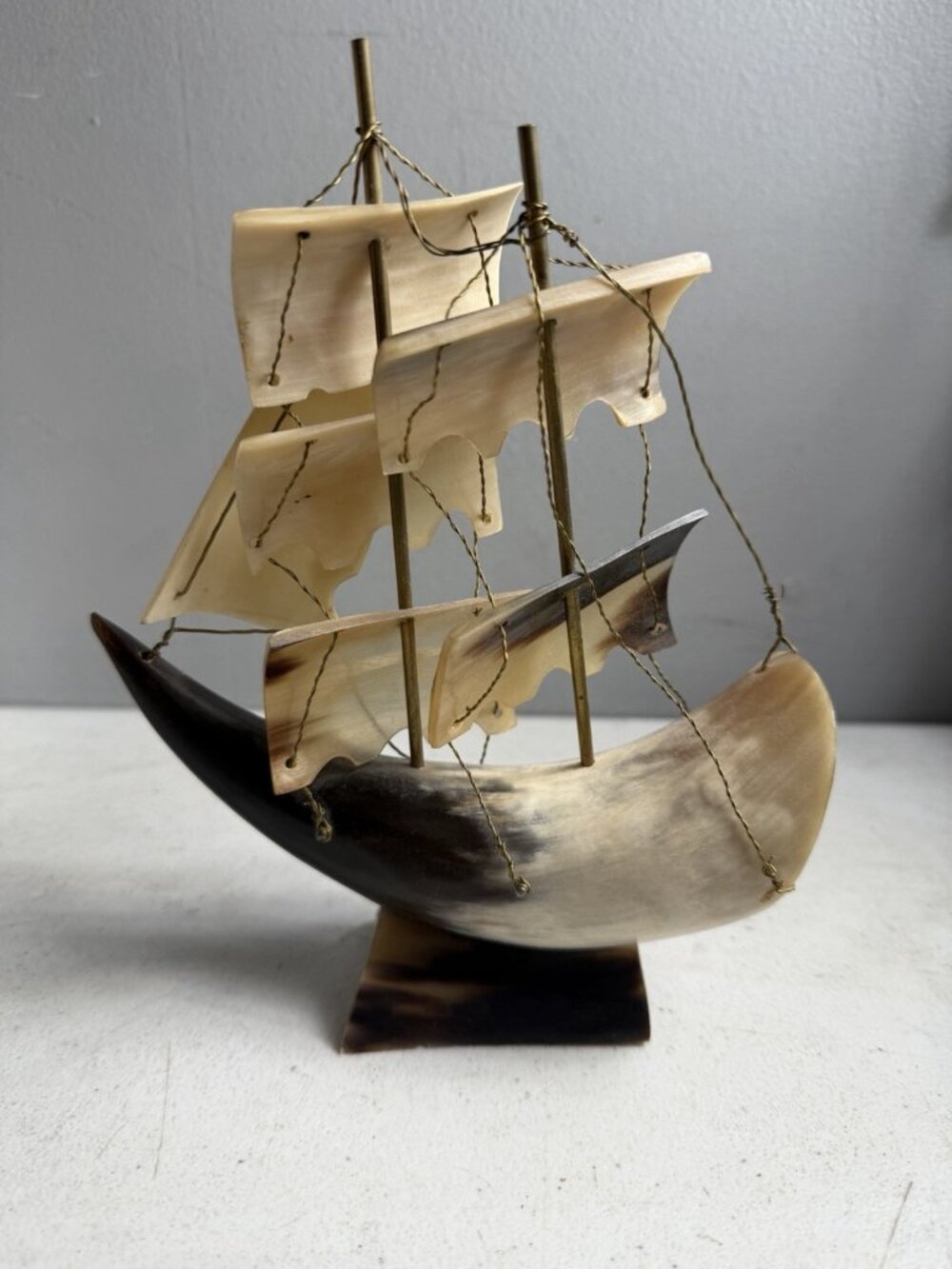 Vtg Hand Carved Genuine Horn Sailing Ship & Brass MCM Nautical Costal Unmarked